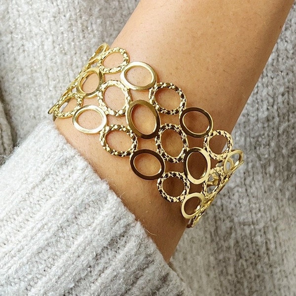 Hollow geometric golden open cuff, wide bracelet, hollow out cuff bangle, wide open bangle, light stainless steel bangle, hammered cuff