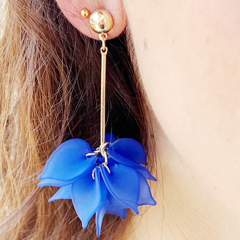 Blue night flower petal earrings, dangle earrings, lightweight flower petal drop earrings, golden flower petal earrings. image 8