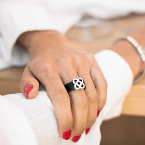 Leather silver band ring, Special memory ring with flower panot from Barcelona, Flower ring, Barcelona Jewelry ring, Knuckle ring with charm