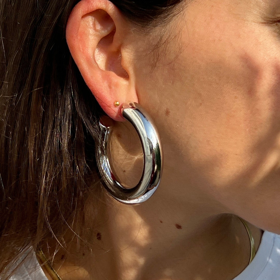 Thick Huggie Hoops Earrings, Silver Hoop Earrings, Chunky Silver Plated ...