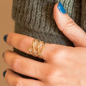 Wide hollow ring, shapped gold ring, band hammered ring, gold chunky band ring, tube ring, cuff ring, golden thick brass ring, hollow ring.