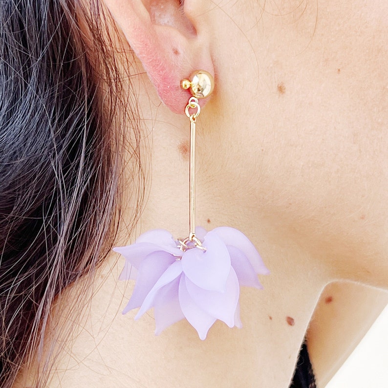Purple flower petal earrings, dangle earrings, lightweight flower petal drop earrings, golden flower petal earrings.