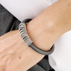 Modern silicone rubber bracelet with stainless steel rings, anthracite gray bracelet adjustable, flexible bracelet. image 9