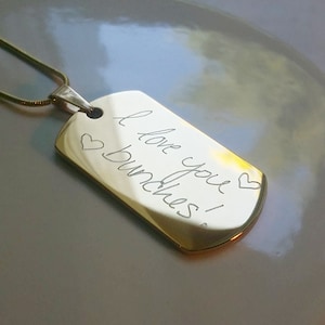 Custom Handwriting necklace, custom handwritten necklace, gold military tag, memorial replica keepsake, army tag necklace. silver dog tag