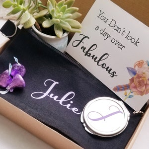 happy Birthday gift box, Send a gift, birthday present, personalized birthday gift, custom bridesmaid gift, makeup bag w compact mirror set.
