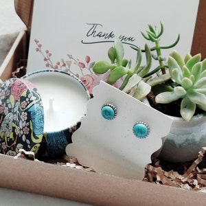 Thank you gift box, Live succulent gift, Send a gift, personalized gift set, appreciation present, Turquoise stud earrings, engraved cuff