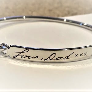 Handgeschreven armband, aangepaste handgeschreven staafarmband, persoonlijk gegraveerde handtekeningmanchet, Memorial Keepsake-cadeau, zilveren armband.