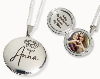 Personalized engraved bridesmaid Locket, custom name w/ birth flower necklace,  silver locket with photo, round locket, bridesmaid proposal