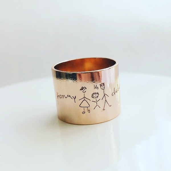 Custom handwriting tube ring, engraved rose gold ring band, child drawing ring, Signature ring, memorial  keepsake gift, personalized ring