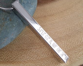 Coordinates necklace, 4 sided Vertical bar necklace engraved, personalized GPS location bar pendant, Customized longitude latitude jewelry
