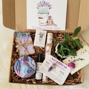 Sending healing vibes gift basket, Thinking of you care package, spirituality gift box, send a healing vibes package, amethyst necklace.