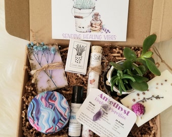 Sending healing vibes gift basket, Thinking of you care package, spirituality gift box, send a healing vibes package, amethyst necklace.