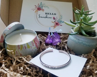 You are my sunshine, valentines day gift box, Send a gift set, live succulent, pre filled gift box, personalized package, Love gift basket.