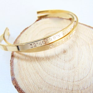 Coordinate Cuff Bracelet, customized location bracelet, GPS cuff, Engraved Latitude Longitude Bracelet, 16K gold or silver open bangle