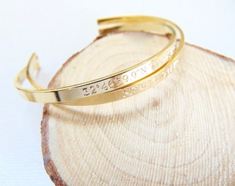 Coordinate Cuff Bracelet, customized location bracelet, GPS cuff, Engraved Latitude Longitude Bracelet, 16K gold or silver open bangle