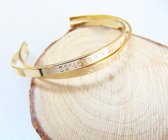 Coordinate Cuff Bracelet, customized location bracelet, GPS cuff, Engraved Latitude Longitude Bracelet, 16K gold or silver open bangle