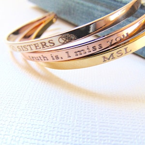 Personalized Cuff Bracelet in Gold/Rose Gold/Silver, custom Quote Engraved message Bracelet, Stamped cuff, inspirational motivational bangle