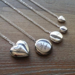 Handwritten Heart locket necklace, Custom hand writing keepsake gift idea, personalized engraved heart necklace, silver locket pendant.