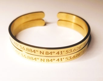Coordinate Cuff Bracelet, customized location bracelet, GPS cuff, Engraved Latitude Longitude Bracelet, 16K gold or silver open bangle