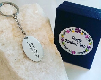 Ready to ship. Mothers day gift, I love you mom Engraving, message key chain, silver key charm, key holder plate, gift for mom under 15