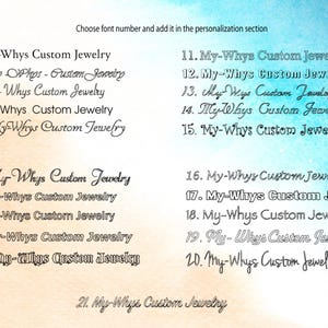 May include: Image showcasing 21 different font styles for custom jewelry, each labeled with a number and the text "My-Whys Custom Jewelry." The fonts vary in style, from elegant scripts to bold, modern designs. The background has a watercolor effect.