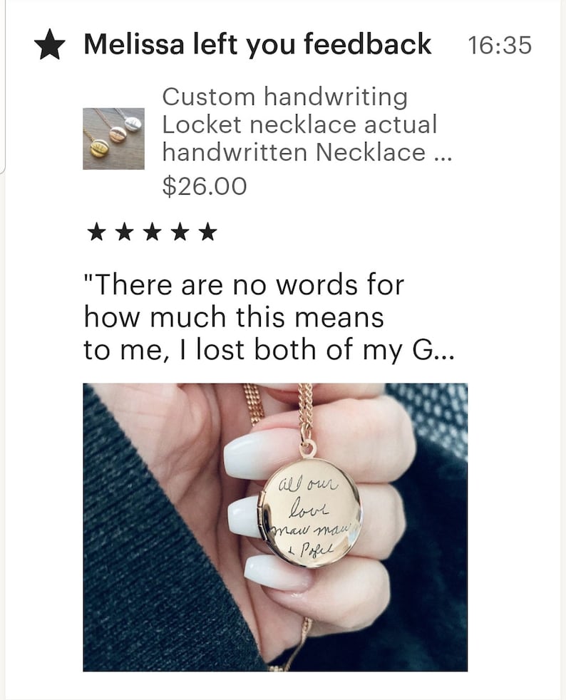 May include: Gold locket necklace with a handwritten message inside that reads "all our love maw maw Pofel".