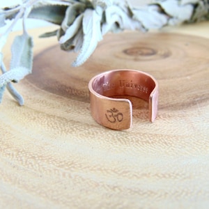 OM, Yoga, Secret message ring custom quote ring adjustable wide copper band Personalized engraved Ring spiritual jewelry Trust The Universe