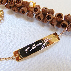 Actual Handwriting bracelet, Personalized handwritten bar bracelet, 16K gold engraved bracelet Custom hand writing jewelry Love gift For her