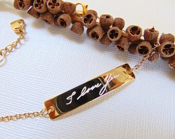 Werkelijk handschriftarmband, gepersonaliseerde handgeschreven staafarmband, 16K goud gegraveerde armband Aangepaste handschriftsieraden Liefdescadeau Voor haar