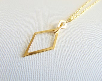 Diamond shape necklace, Rhombus pendant necklace, 16K gold or silver long layered necklace, Modern Geometric jewelry