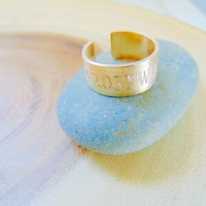 Coordinates ring, Personalized engraved Location Ring, GPS ring, Customized Latitude Longitude ring, adjustable wide Gold ring band