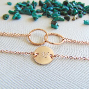 Initial Bracelet, Rose Gold circle charm bracelet, Custom name Jewelry Hand stamped bracelet Letter charm bracelet Bridesmaid Dainty Jewelry