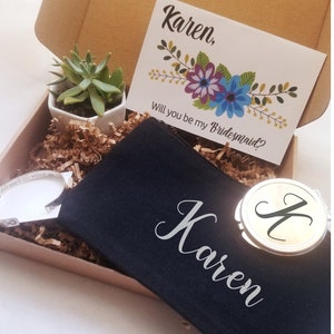 Bridesmaid proposal gift set, will you be my bridesmaid, live succulent, send a gift, Personalized asking bridesmaid gift, pre filled box