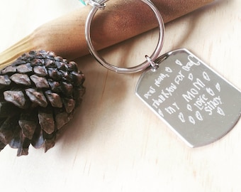 Handwriting keychain, Personalized Engraved keychain, signature keychain, gift for him/her, actual handwritten jewelry, child drawing.