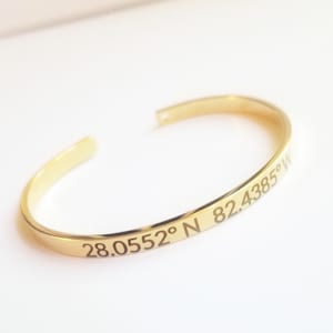 Custom Geographic Coordinates Bracelet - Latitude & Longitude, Engraved GPS cuff in silver, Rose Gold, Gold adjustable bangle