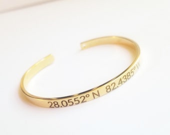 Custom Geographic Coordinates Bracelet - Latitude & Longitude, Engraved GPS cuff in silver, Rose Gold, Gold adjustable bangle