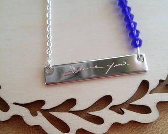 Mothers day Actual Handwriting necklace, Personalized handwritten bar necklace, gold engraved necklace, Custom hand writing jewelry