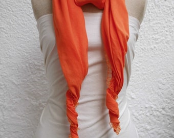 Tuch in orange aus Baumwolle mit Spitzenenden,  Valentinstagsgeschenk, Muttertagsgeschenk, Muttertag,