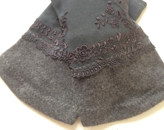 Accessoires Handschoenen & wanten Armwarmers Manchetten zwarte wol merinowol met delicate Franse kant, armwarmers, polswarmer, cadeau kerstvrouw, cadeau voor haar, warm, 