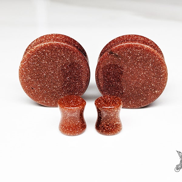 Glass Plugs Gauges - Goldstone Glass Plugs - Double Flare Body Jewelry for Stretched Ears - Natural Organic (Pair)