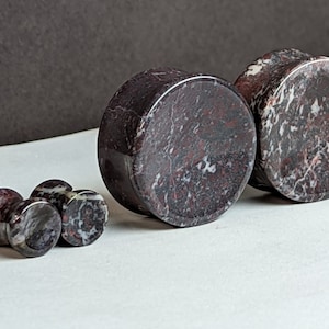Concave Stone Plugs Gauges - Chicken Blood Stone Plugs - Double Flare Body Jewelry for Stretched Ears - Natural Organic (Pair)