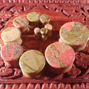 Stone Plugs Gauges - Unakite Stone Plugs - Double Flare Body Jewelry for Stretched Ears - Natural Organic (Pair)