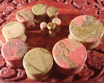 Stone Plugs Gauges - Unakite Stone Plugs - Double Flare Body Jewelry for Stretched Ears - Natural Organic (Pair)