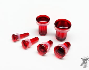 Jauges de bouchons en verre - Bouchons en verre rose foncé/rouge - Bijoux de corps flare unique pour oreilles étirées - Organique naturel (paire)