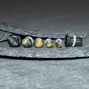 Blue Tiger Eye Stone Plugs: Single Flare, Stretched Ear Jewelry (Pair)