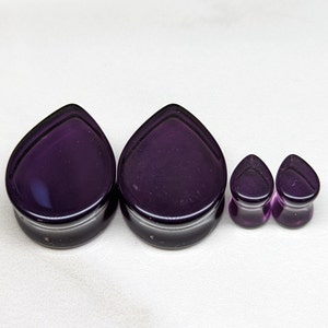 Teardrop Glass Plugs Gauges - Dark Purple Black Glass Plugs - Double Flare Body Jewelry for Stretched Ears - Natural Organic (Pair)