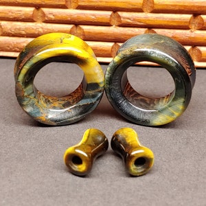 Stone Tunnel Plugs Gauges - Blue Tiger Eye Stone Tunnels - Double Flare Body Jewelry for Stretched Ears - Natural Organic (Pair)