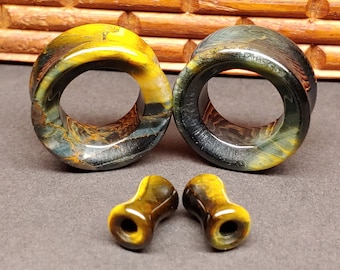 Stone Tunnel Plugs Gauges - Blue Tiger Eye Stone Tunnels - Double Flare Body Jewelry for Stretched Ears - Natural Organic (Pair)