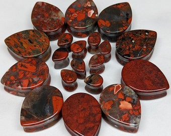 Teardrop Red Brecciated Jasper Stone Plugs: Double Flare Gauges