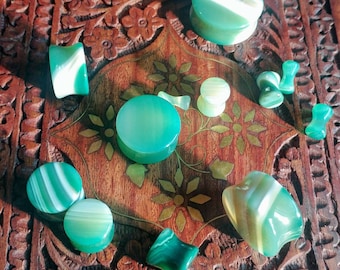 Green Stripe Agate Stone Plugs: Double Flare Stretched Ear Jewelry